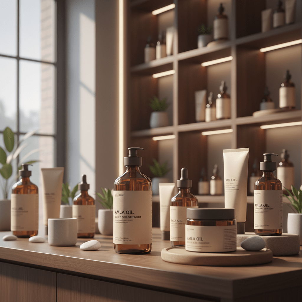 A beauty shelf with amla oil bottles in a premium store setting