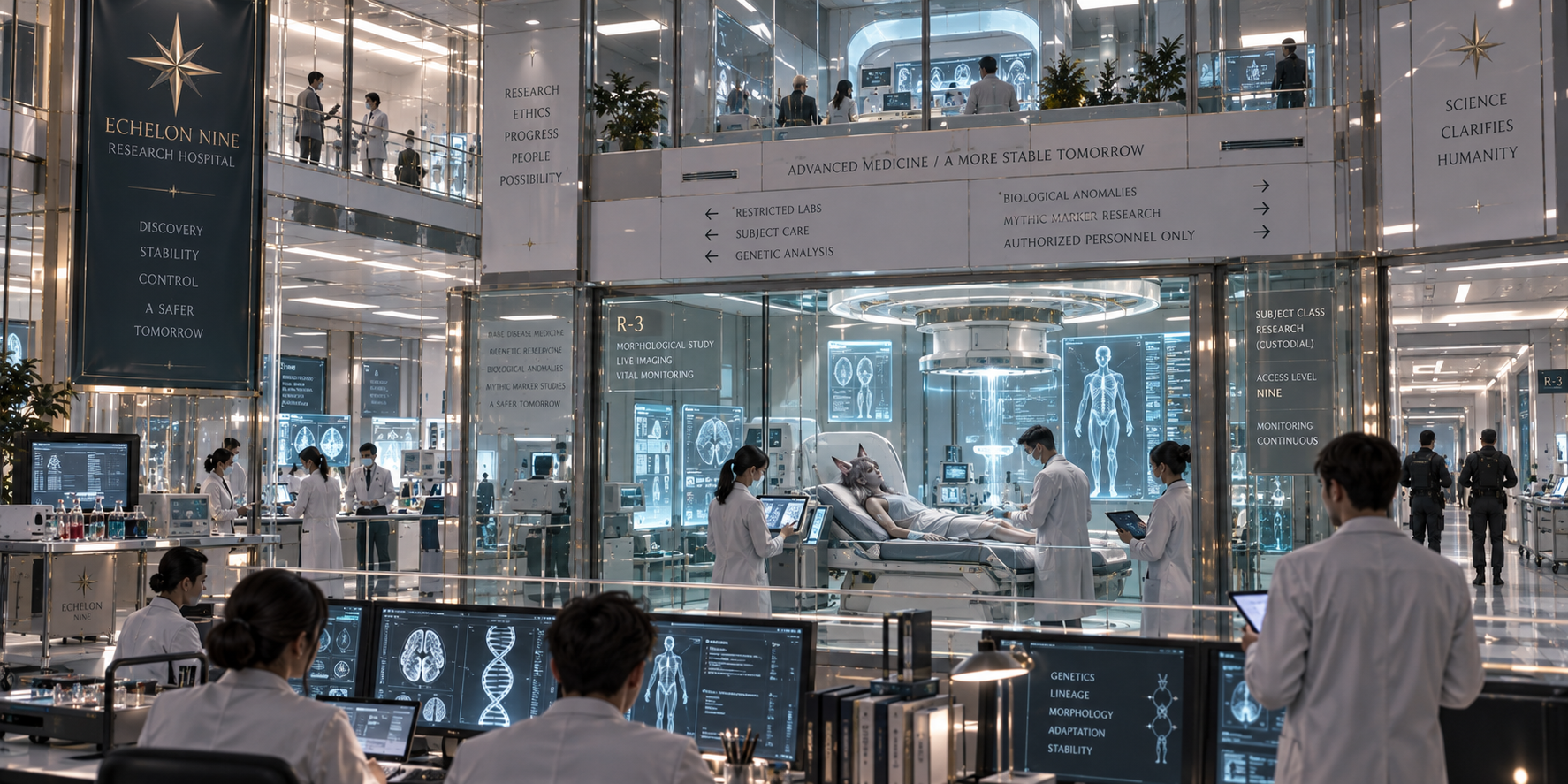 Restricted morphology research taking place inside Echelon Nine Research Hospital.