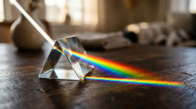 Glass prism splitting white light into rainbow spectrum on dark wooden surface, ethereal mood