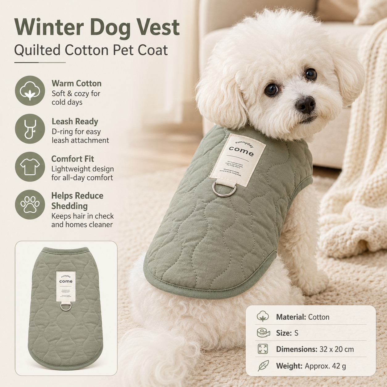 Green S Size 32x20cm Fleece-lined thickened dog vest - Cotton Fleece Lined Harness Compatible Winter Coat for Dogs Shed Control Outdoor Walks,Winter Pet Essentials