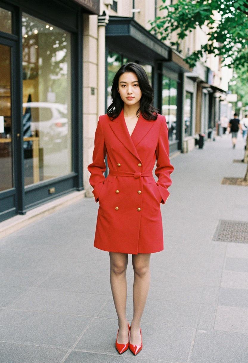 A cherry red blazer dress with gold buttons delivering polished red-era Eras Tour sophistication on city streets