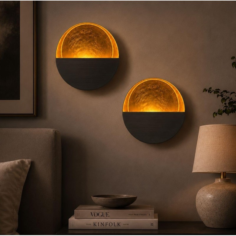 Eclipse Wall Candle Sconces Set of 2-6.5" Round Gold Tea Light Holders