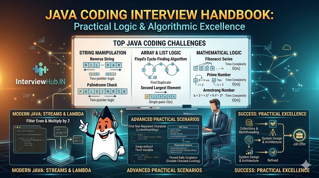 Java Coding Interview Handbook by InterviewHub featuring practical Java programming questions, string manipulation, arrays, algorithms, Java 8 streams, and coding interview preparation concepts.