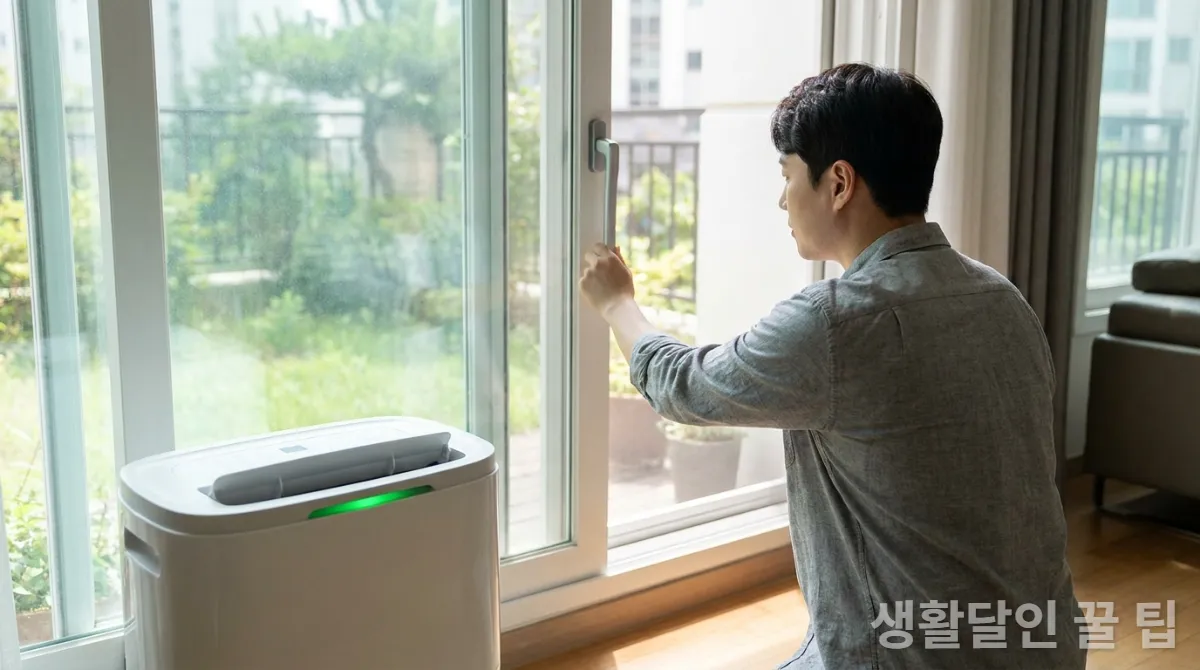 제습기가 작동하는 거실에서 30대 한국인 남성이 창문을 열어 환기하는 모습, 햇살이 들어오는 밝은 배경