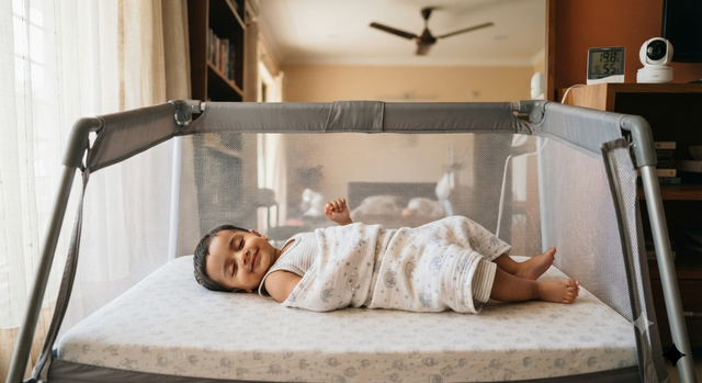 A baby lying in a mesh-sided playpen beside a window in a bedroom.