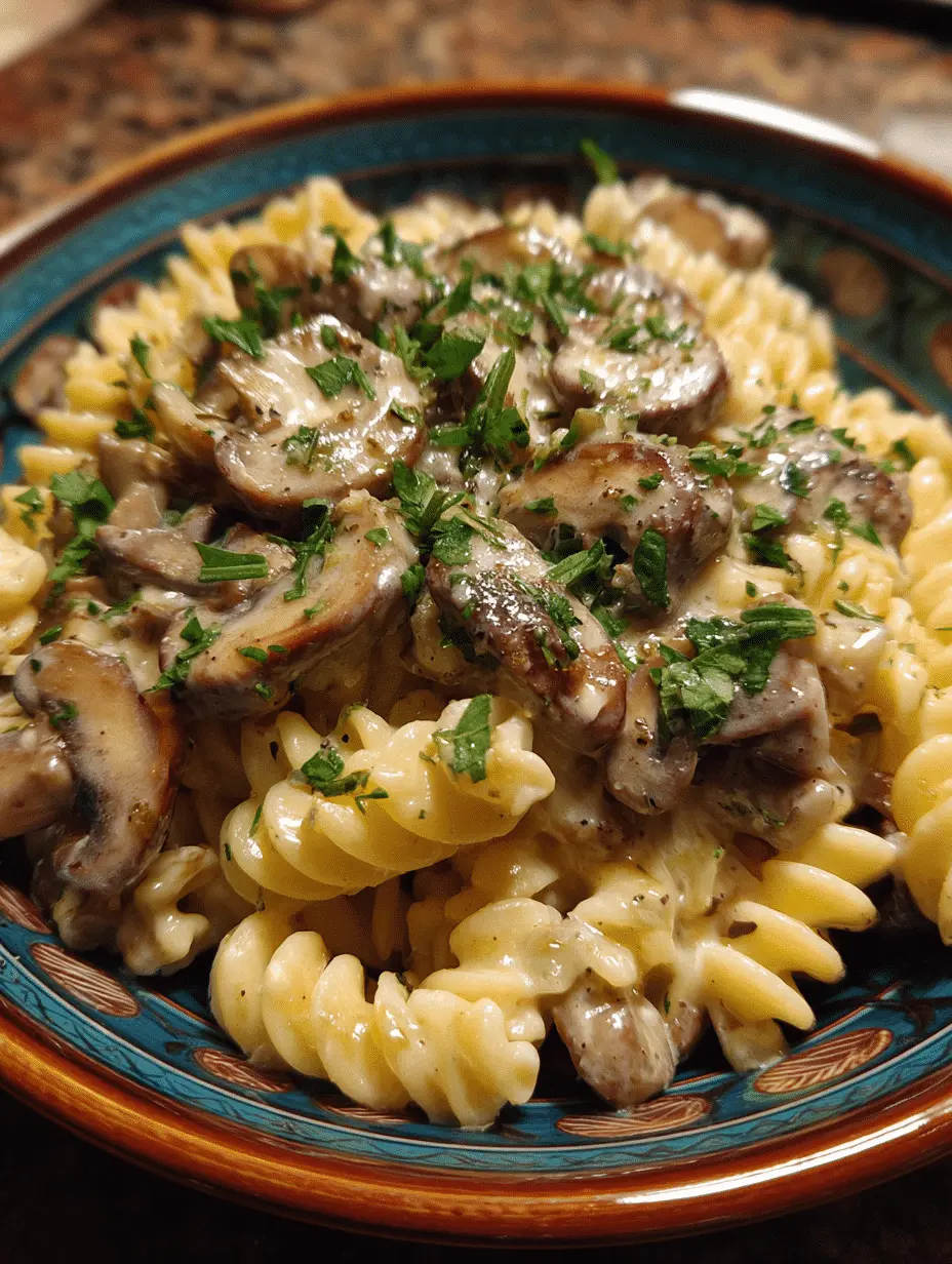 A creamy bowl of vegan mushroom stroganoff served over pasta, garnished with fresh parsley.
