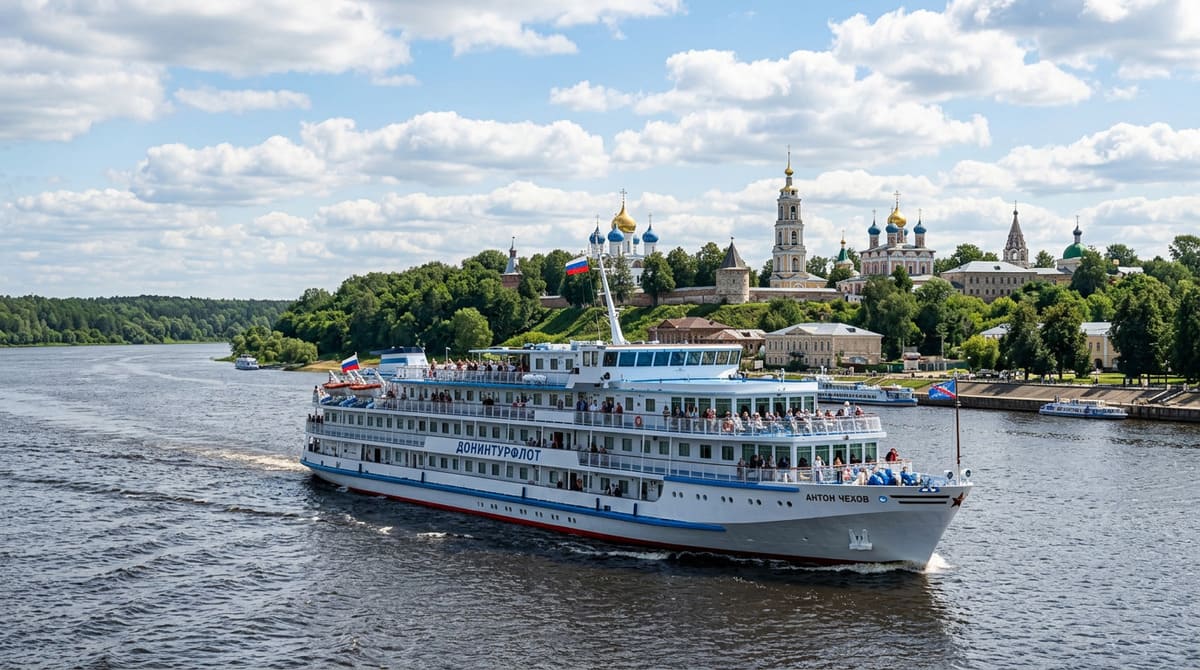 Теплоход Антон Чехов на фоне приволжского города