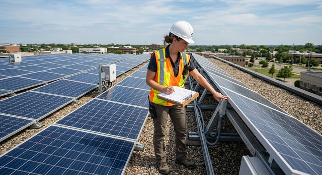 An inspector wearing a hard hat and holding a clipboard carefully examines solar panels on a residential rooftop.