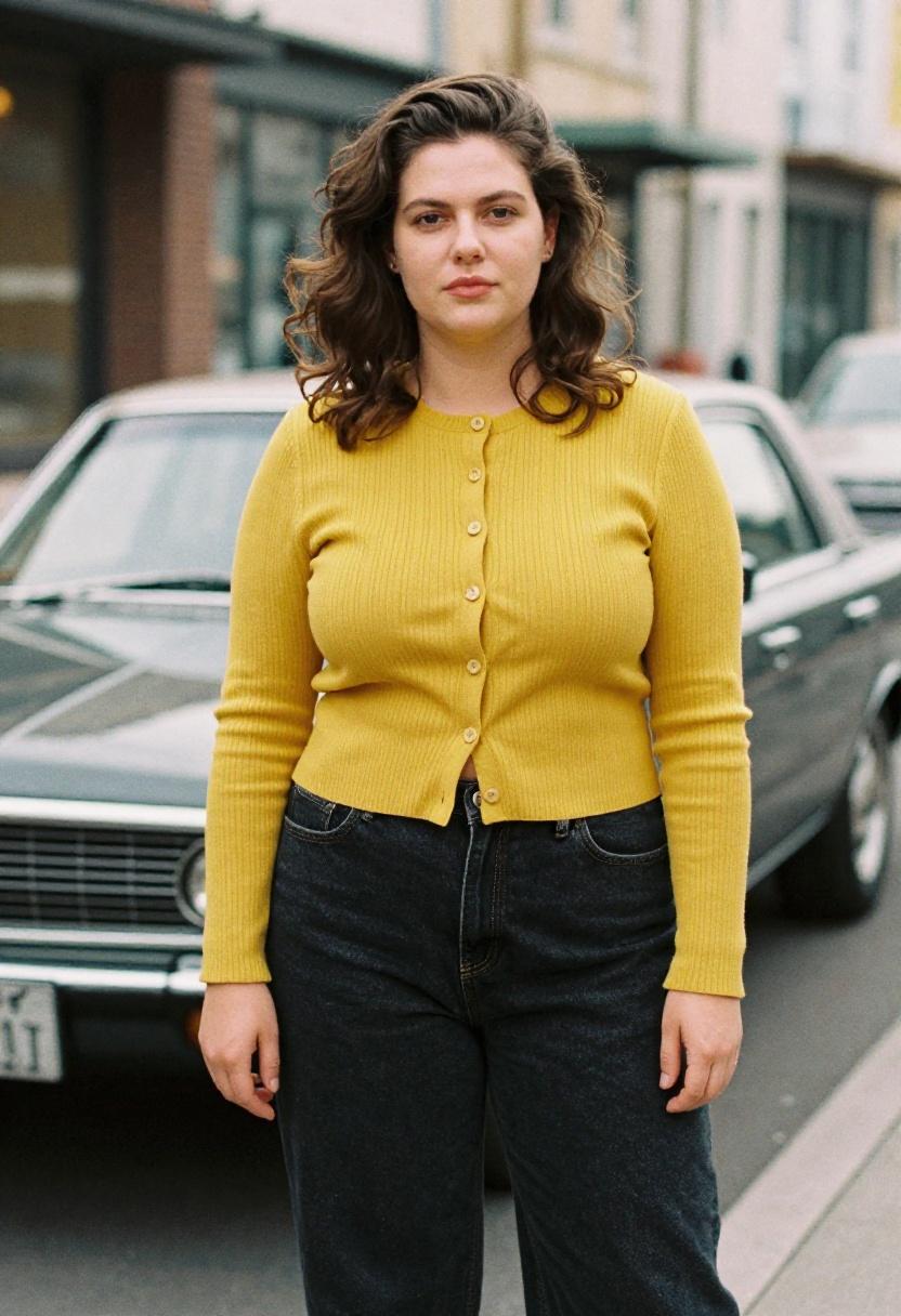 Plus-size woman in mustard yellow ribbed cropped cardigan over wide-leg jeans, street style spring formula