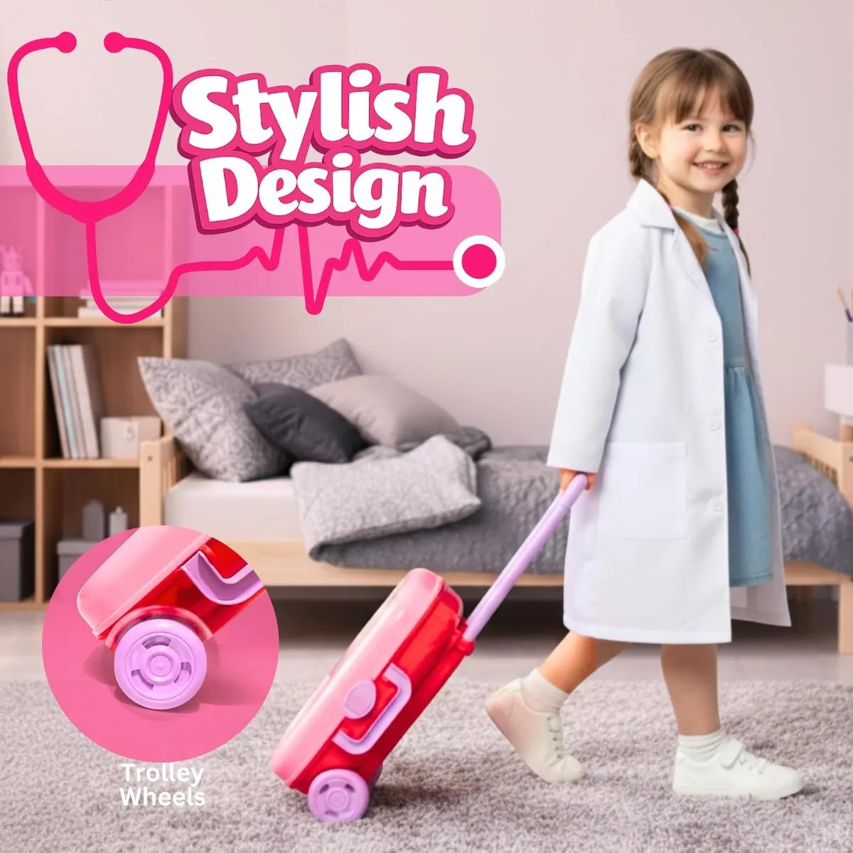 ids Premium Doctor Set Trolley, Pretend Play Doctor Set Trolley, Doctor Kit for Kids Above 3 Years, for Boys & Girls, with Interactive Instruments, Multicolor Bandage Stickers (Pink) - ToyMall Manjeri