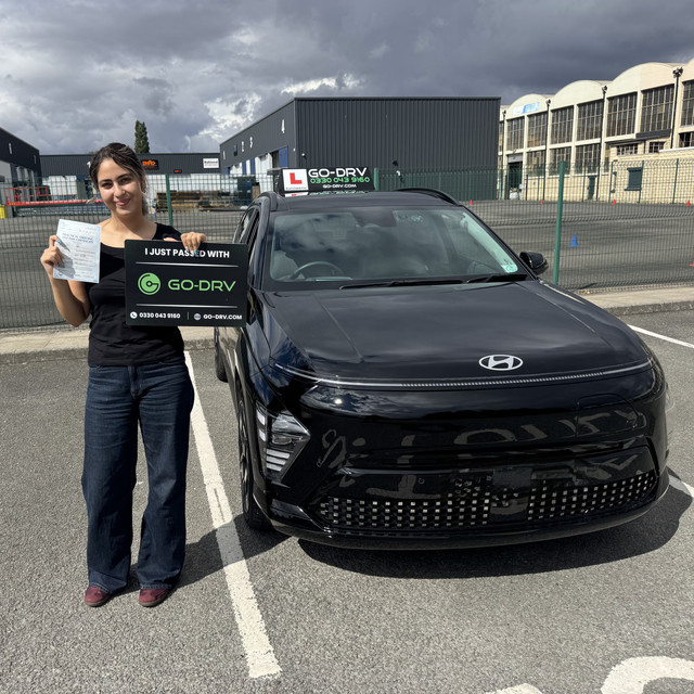 Mahsa K. passing automatic EV driving test at Wolverhampton Spring Road Test Centre with GO DRV