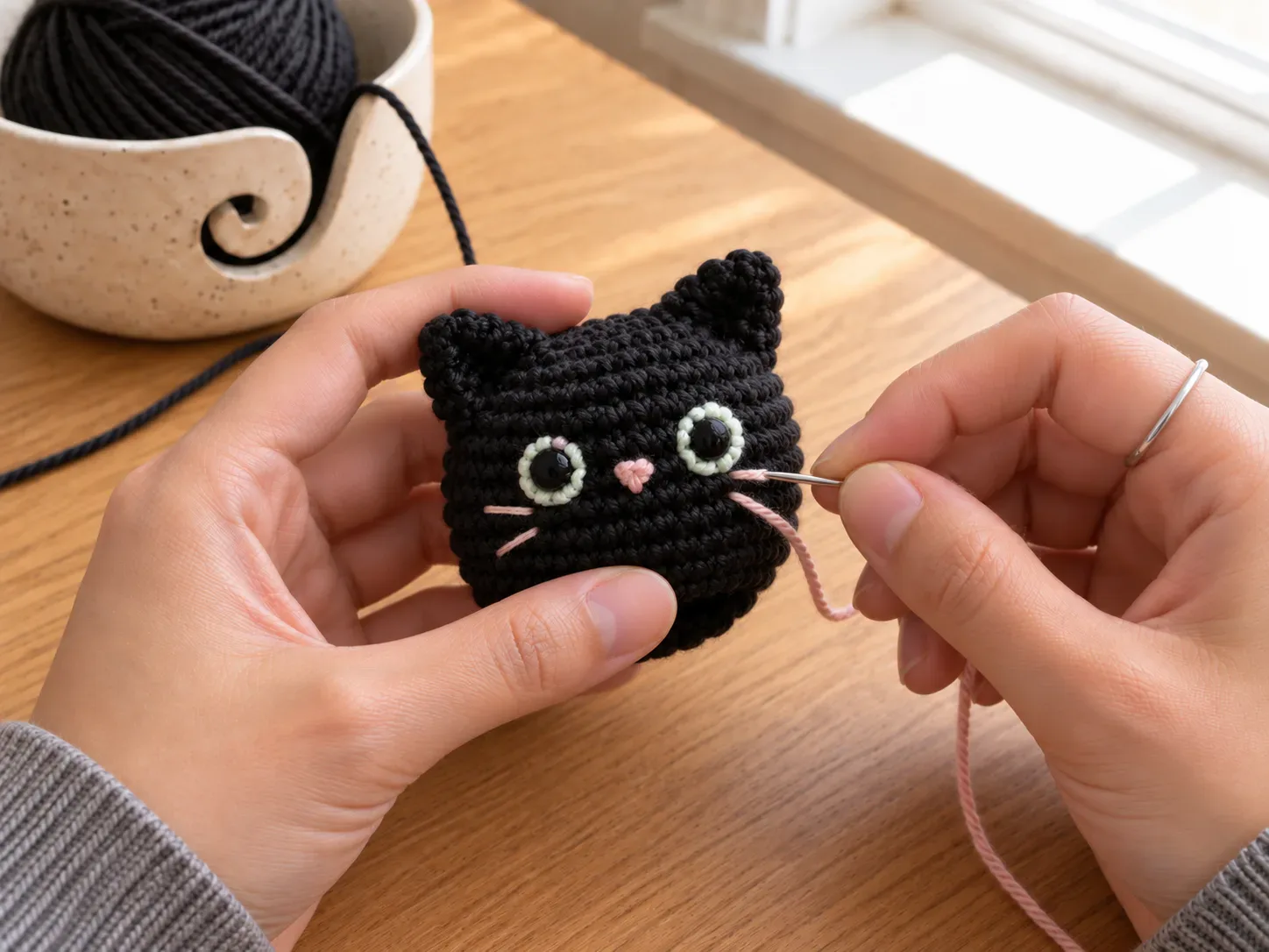 Add the face — Embroider the eyes, nose, and tiny whisker details while the opening is still accessible.