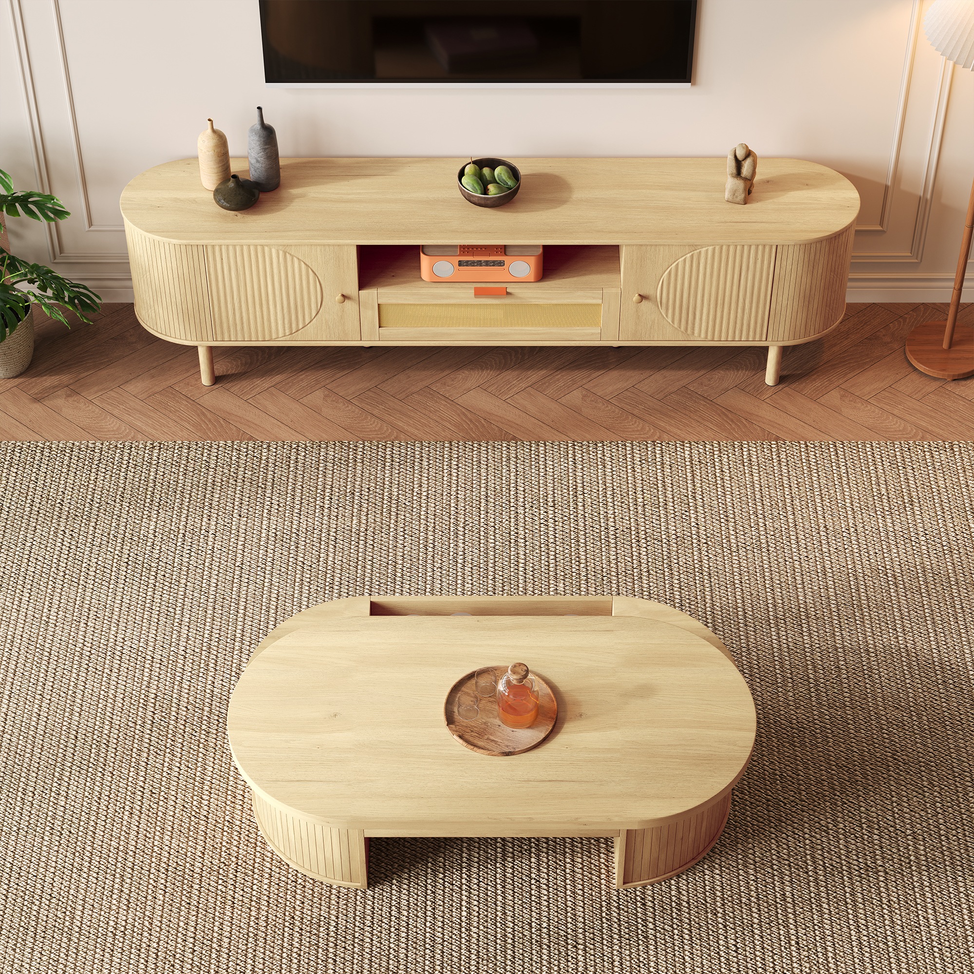 Meuble TV Naturel, Rangement, Gestion des Câbles, Étagères Réglables, Plan Relevable, Étagère Extractible - Panneau composite de fibres de bois à densité - 110x55.5x40cm 1