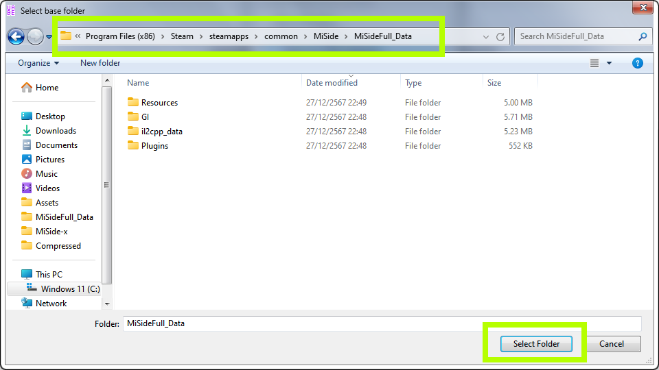 Selecting the game data folder Selecting the game data folder