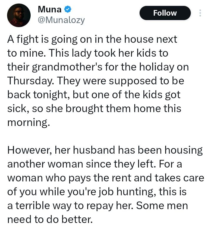 This is a terrible way to repay her - Nigerian man narrates how woman who pays house rent returned home unexpectedly to find her unemployed husband with another lady