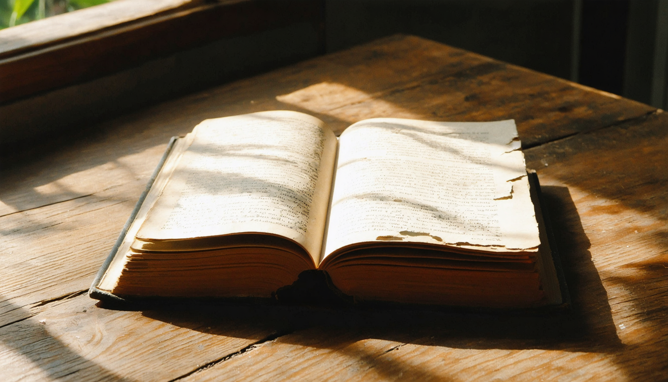 An open book lying face-down on a wooden surface, spine cracked and pages fanning slightly, with soft window light from one side.