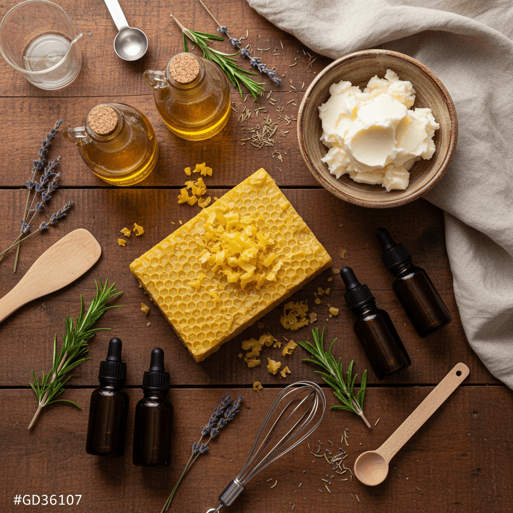 DIY beeswax hair balm ingredients on a natural beauty workspace