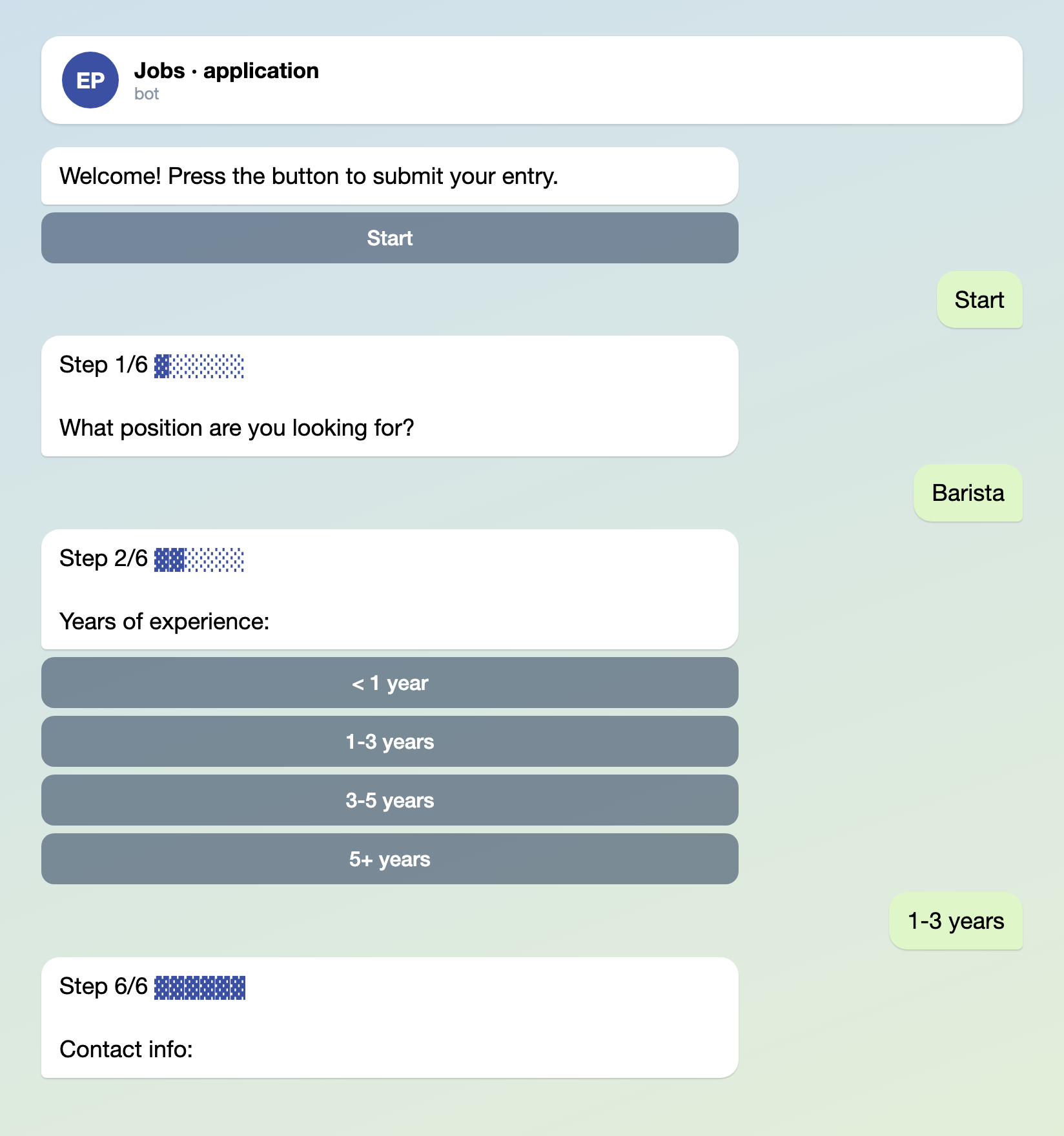 Chat with the bot of a job application form: a Start button, the position question, the experience question as a column of four buttons, and the contact question