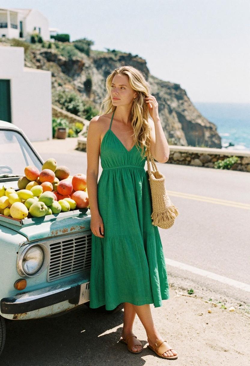 Emerald green linen halter dress against a sun-washed coastal backdrop