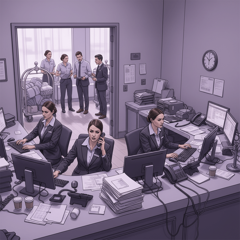 Hotel operations chaos at front desk with disconnected teams