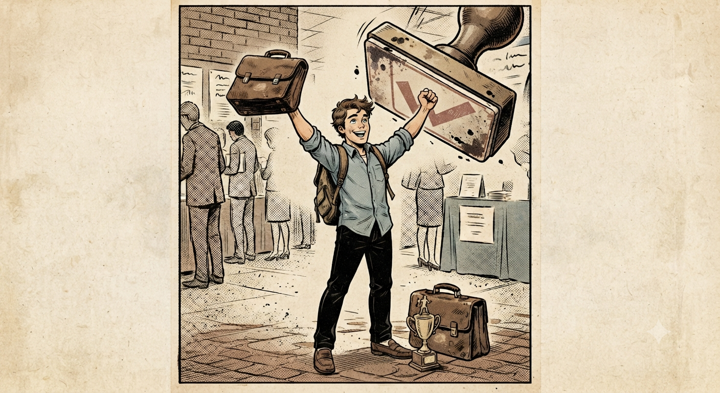 A triumphant young graduate raising a briefcase as a giant approval stamp comes down