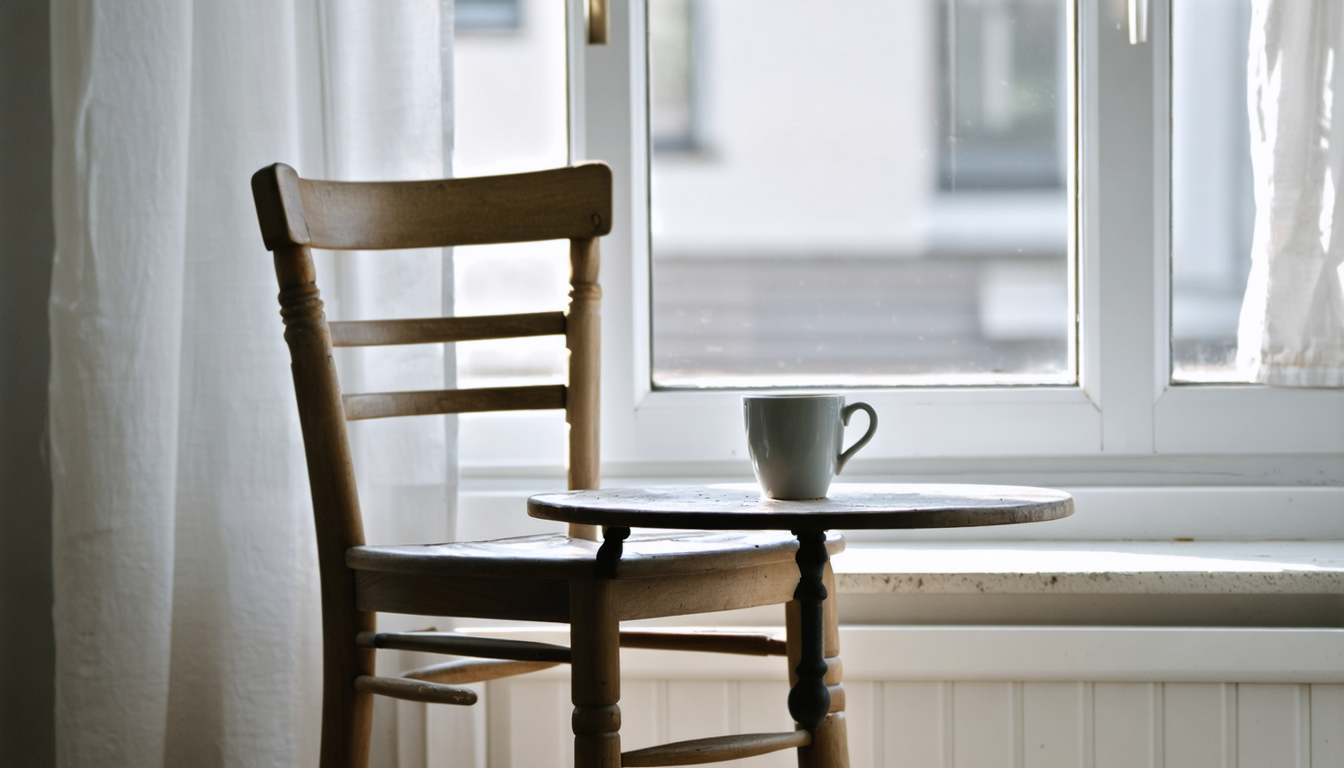 An empty kitchen chair beside a window at dawn, worn armrests smooth from years of the same hands resting in the same position.