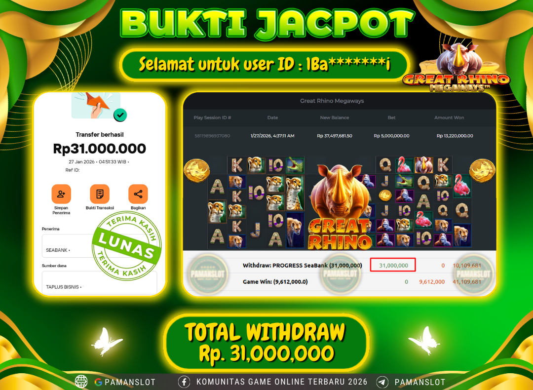 PAMANSLOT JACKPOT Game PP - Great Rhino Megaways Rp.31,000,000- LUNAS