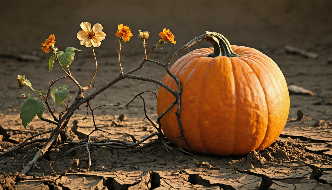 A single giant pumpkin growing on a bare vine in dry soil, with severed flower stems visible along the vine.