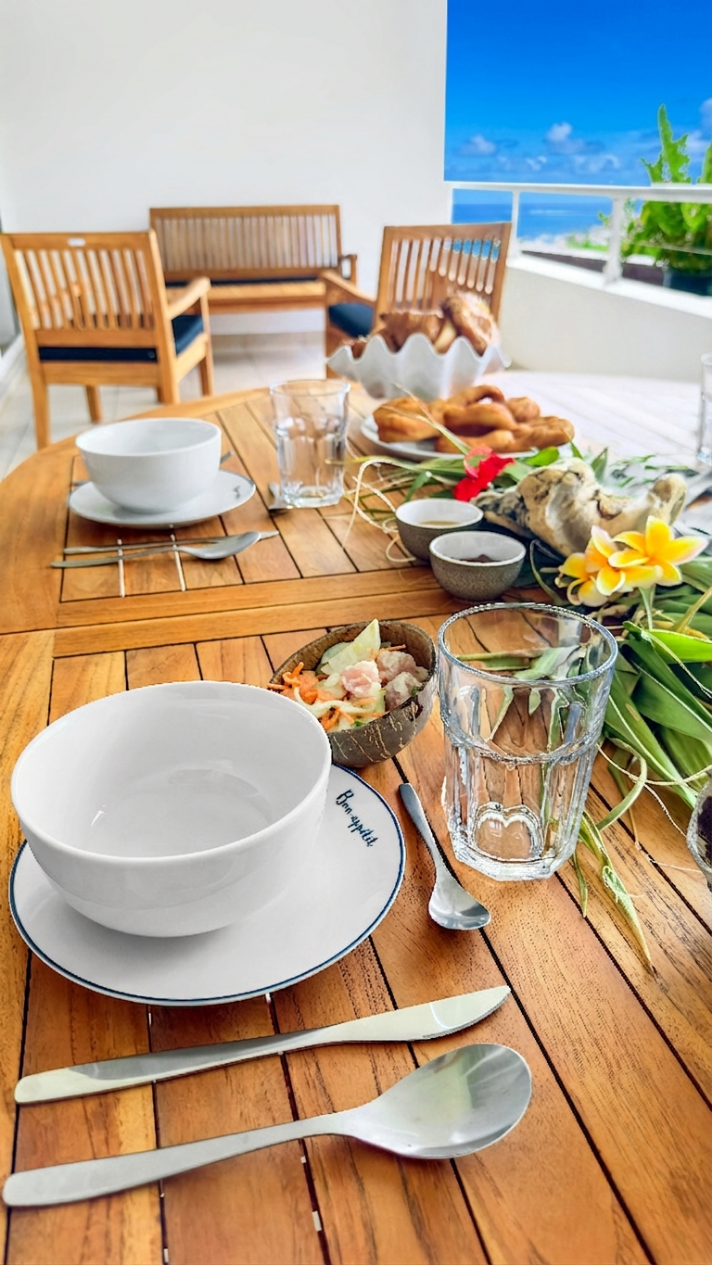 Balcony table with blue sky view