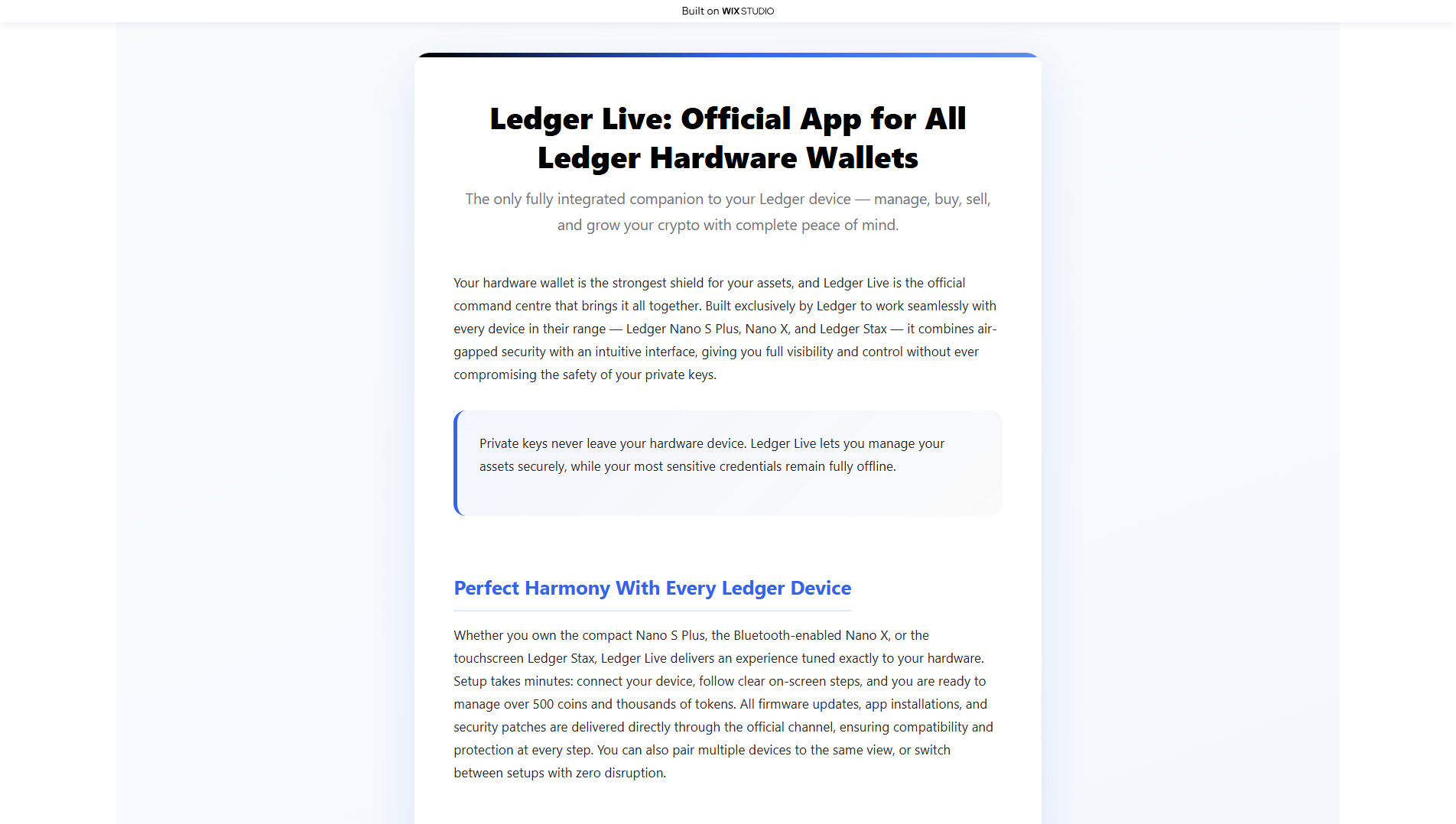 Forensic screenshot of webapp-ledgrelive.wixstudio.com showing the phishing page layout