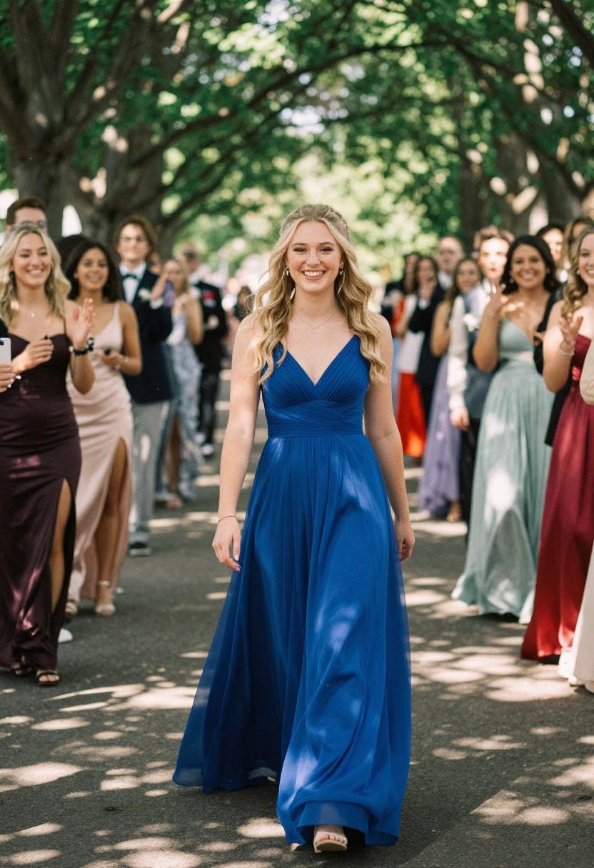 Group walking down sunlit tree-lined path in royal blue chiffon gown