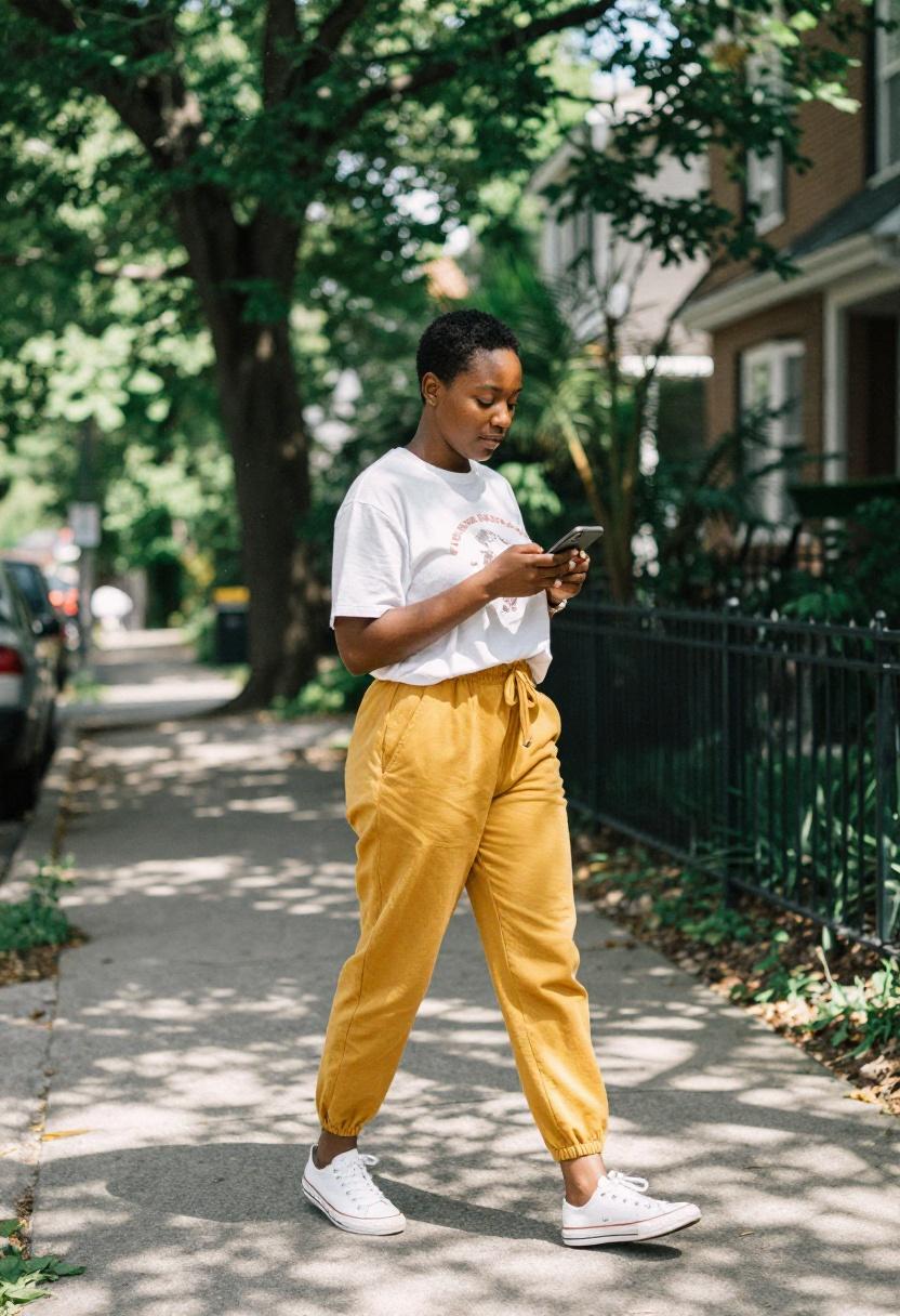 Plus size woman in mustard yellow joggers with white tee and sleek white sneakers in casual spring streetwear