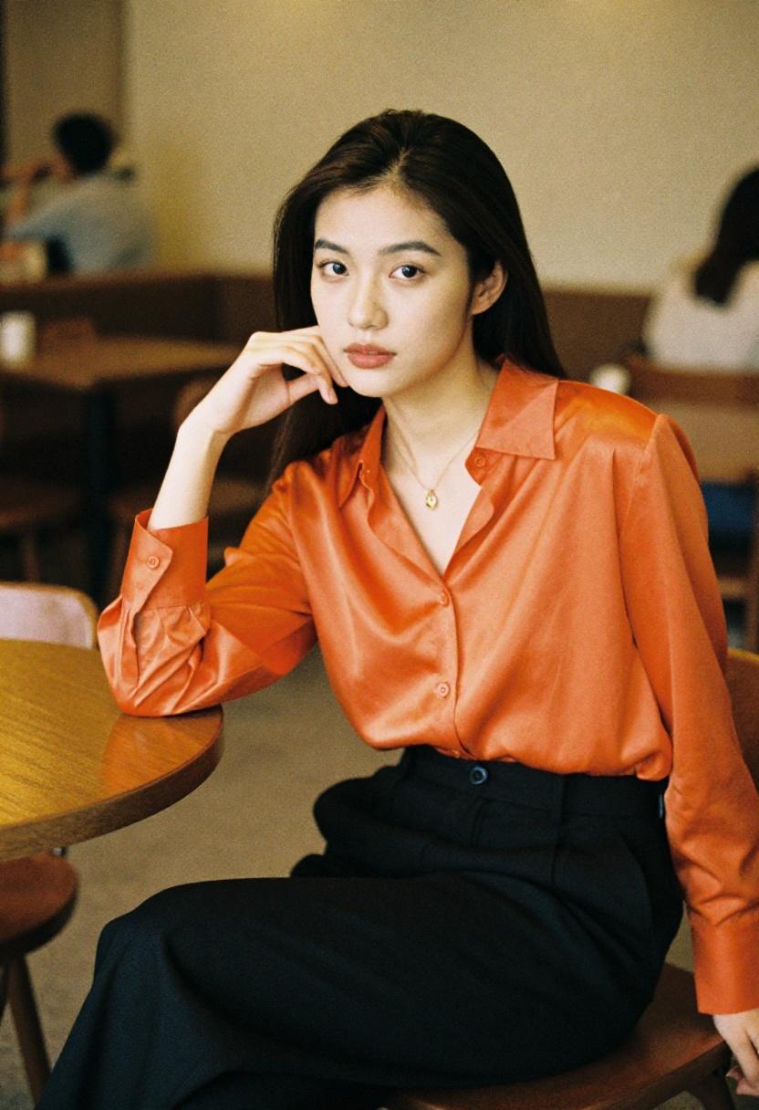 Tangerine silk blouse with tailored trousers for elegant speed dating style