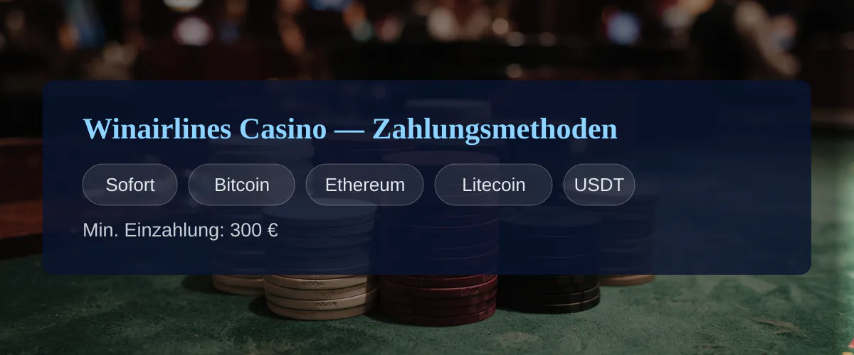 Winairlines Casino — Zahlungsmethoden: Sofort, Bitcoin, Ethereum, Litecoin, USDT