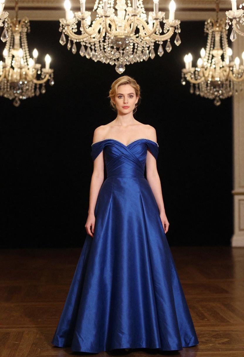 Sapphire strapless ball gown with silver beading for at-home Oscars celebration