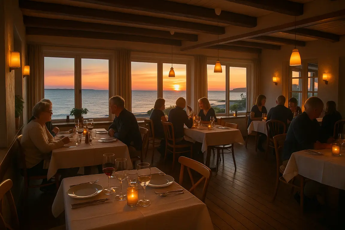 En smuk restaurant med havudsigt og borde sat til middag ved solnedgang i Nordjylland.