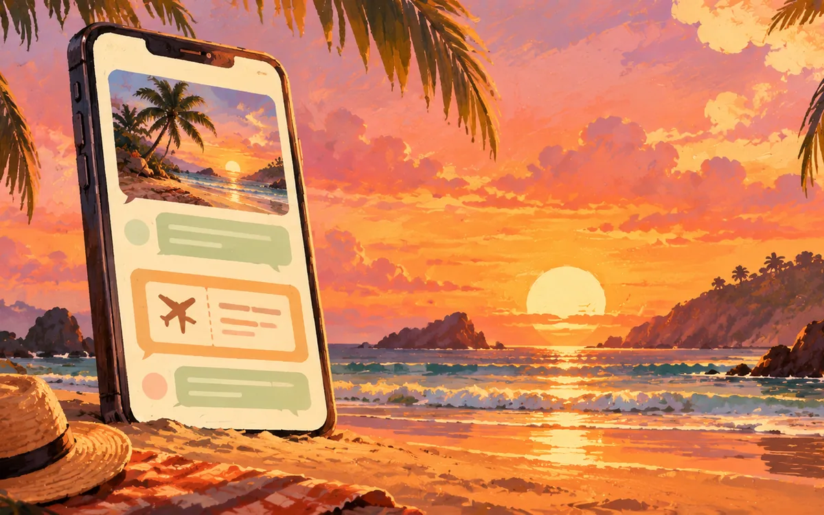 Phone with travel chat on a sunset beach