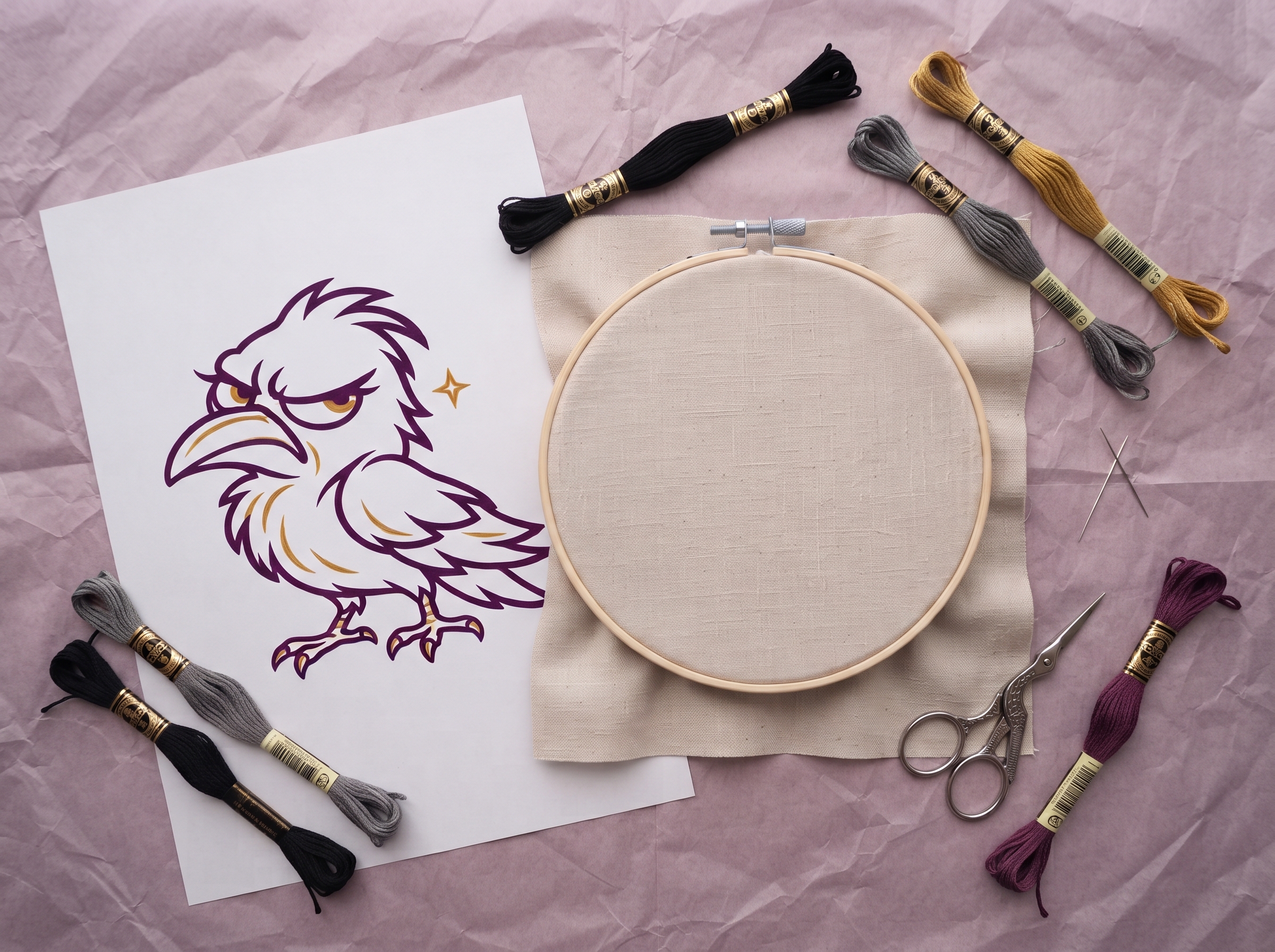Grumpy Crow & Stars materials arrangement