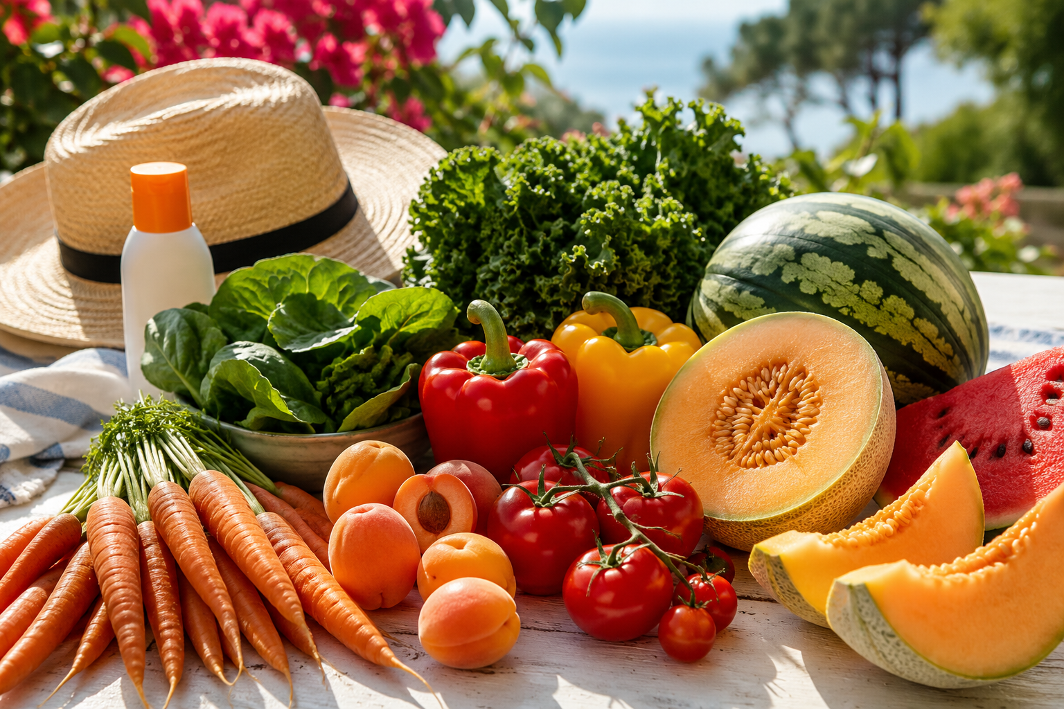 Betacarotene e licopene negli alimenti estivi Carote, pomodori, albicocche, melone, anguria e verdure ricche di carotenoidi che favoriscono l'abbronzatura
