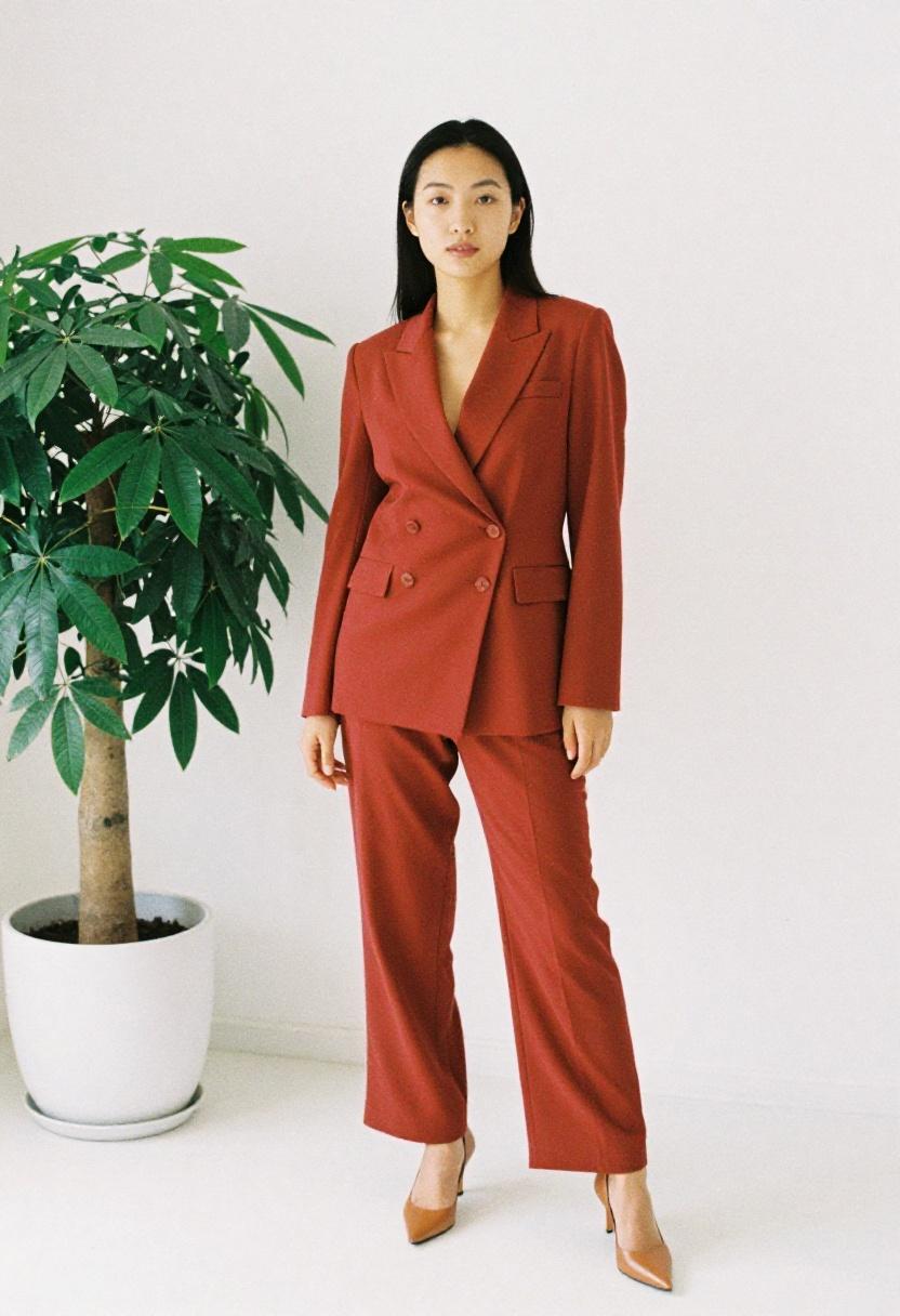Cherry red sheath dress with black patent pumps against industrial backdrop