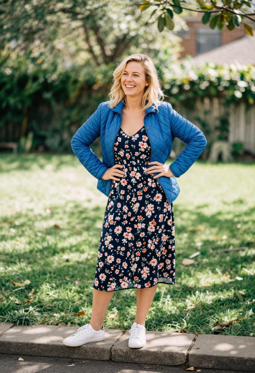 Cobalt blue quilted jacket layered over a floral slip dress for a breezy garden-chic transitional outfit