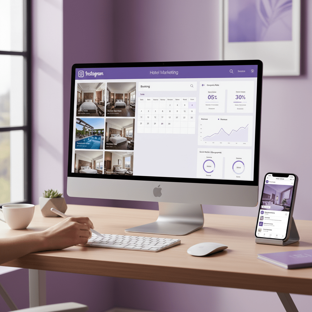 Hotel marketing dashboard beside Instagram ads and booking analytics