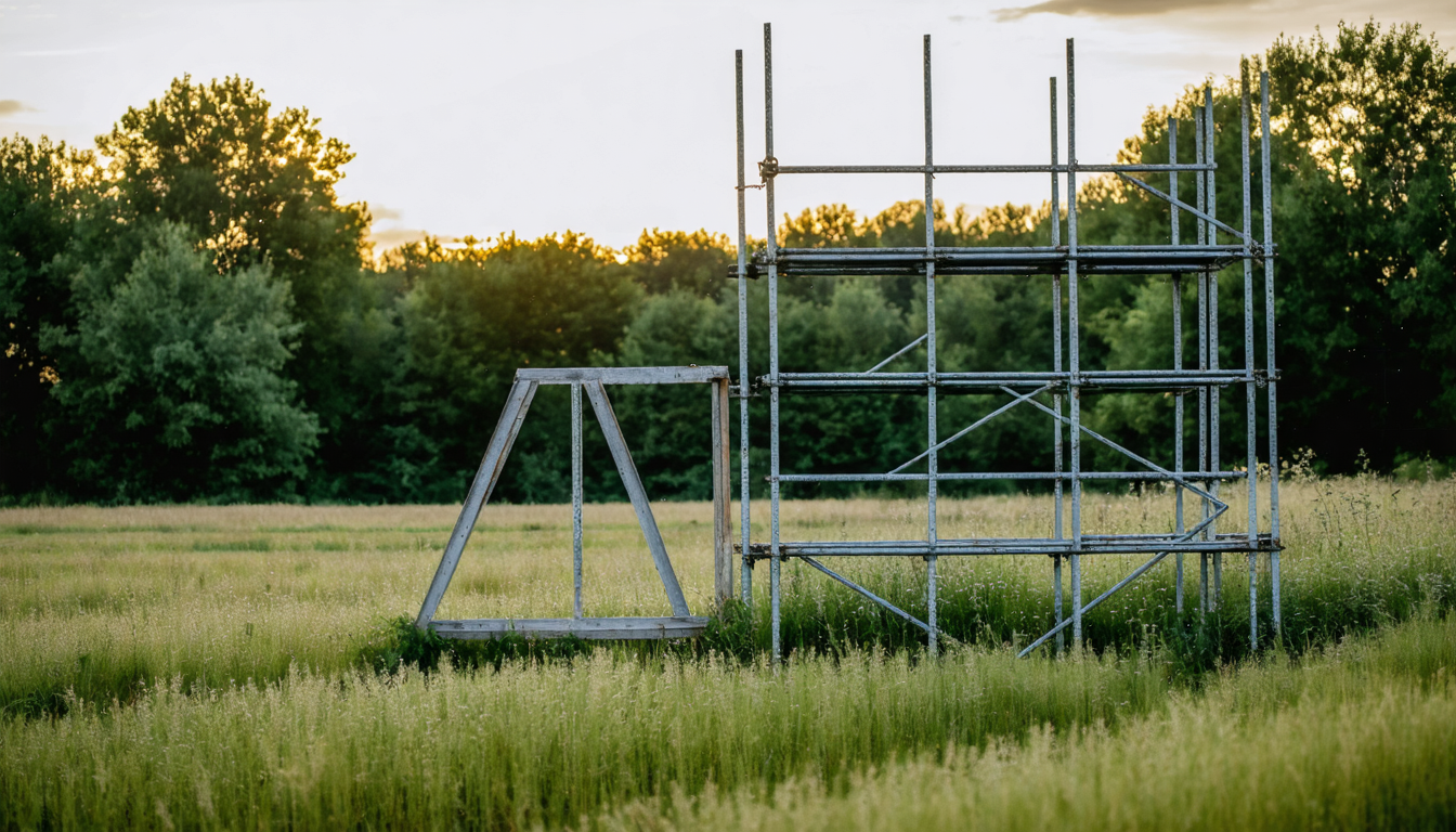 Bare metal scaffolding stands in a grassy field beside an unfinished wooden frame under soft grey dawn light, structure without a house inside it.