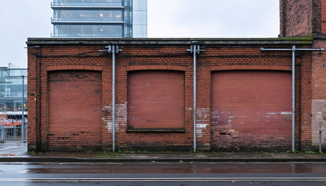 A beautiful old wall doing its best impression of a building that no longer exists—standing ovation from the steel braces.
