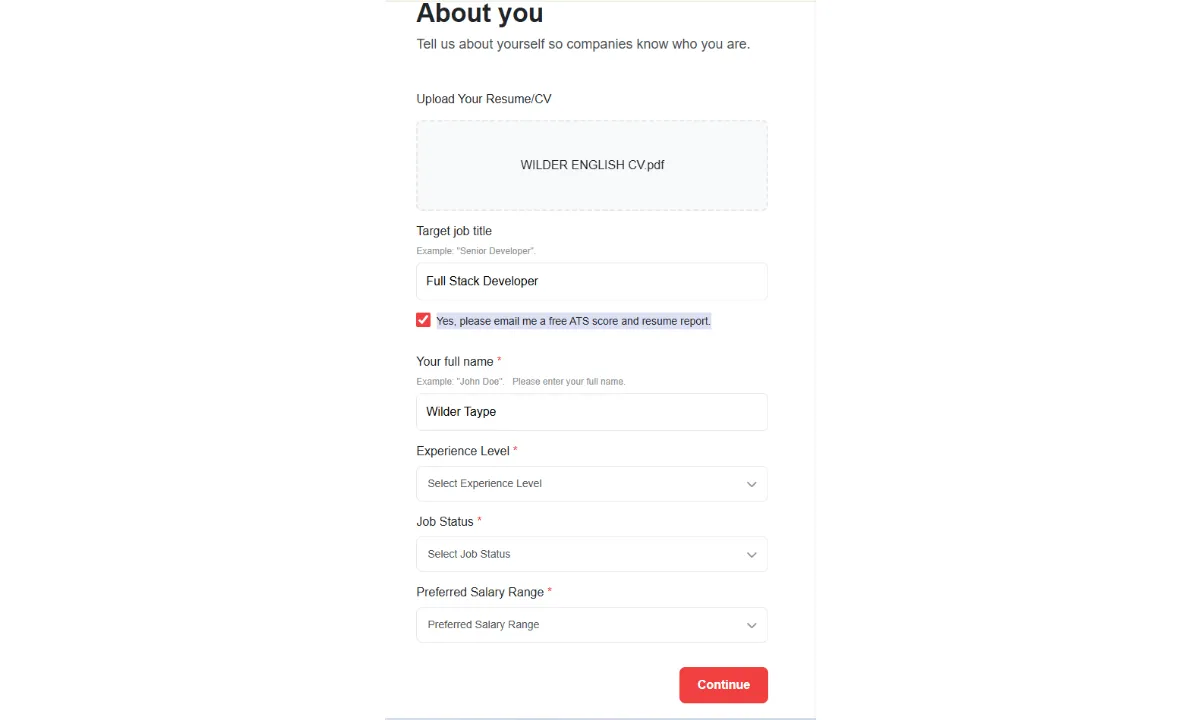 Formulario About You para completar la información del perfil de candidato