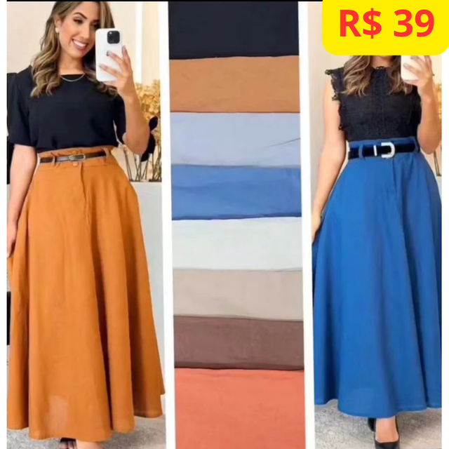 Saia Longa Rodada Feminina Alfaiataria Moda Evangélica Casual Básica Inverno Cintura Alta Elegante Tendência