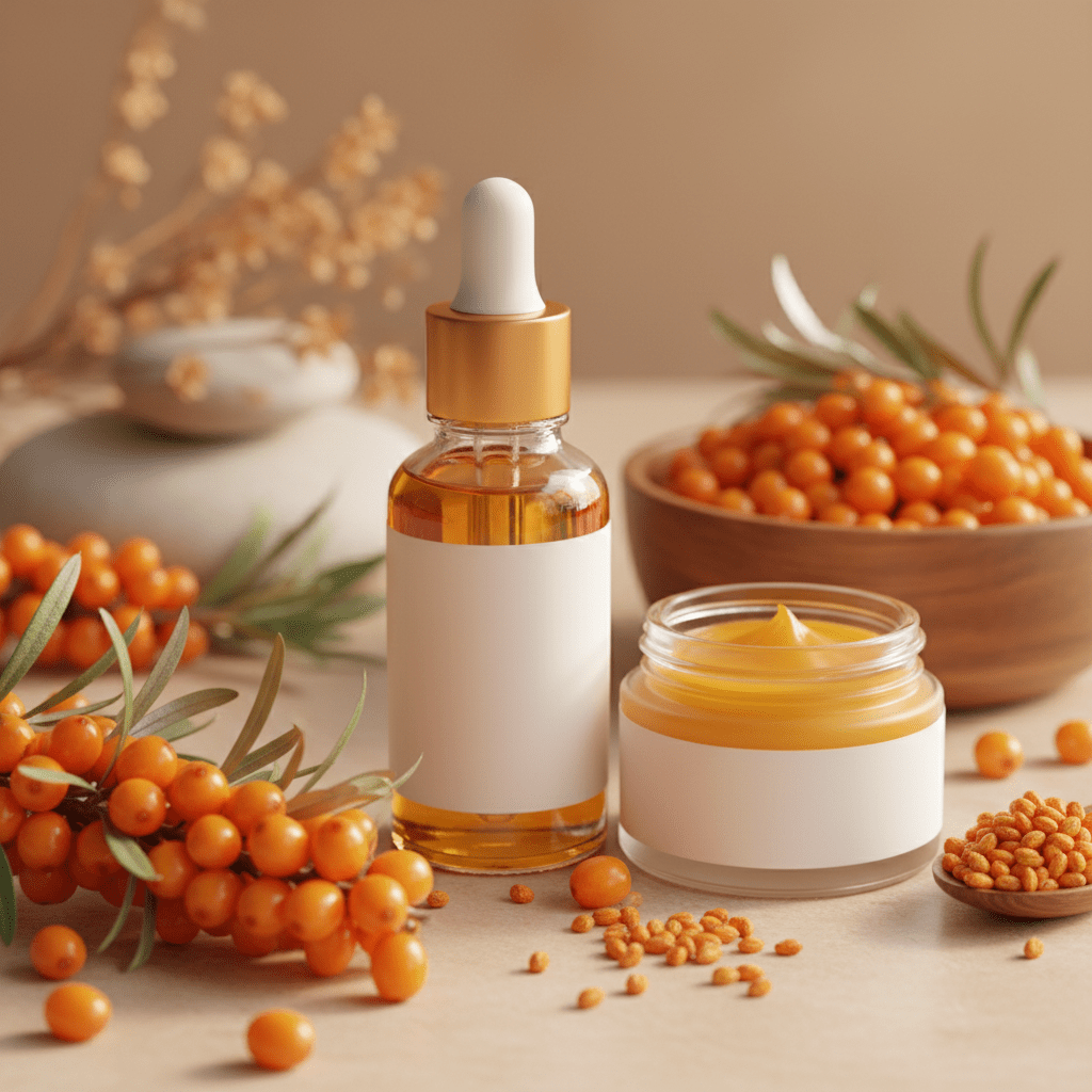 Sea buckthorn berries, seeds, and premium oil close-up