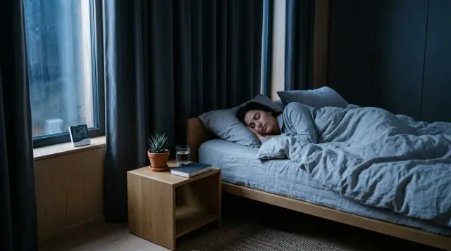 Person sleeping peacefully in cool, dark minimalist bedroom with blue moonlight tones