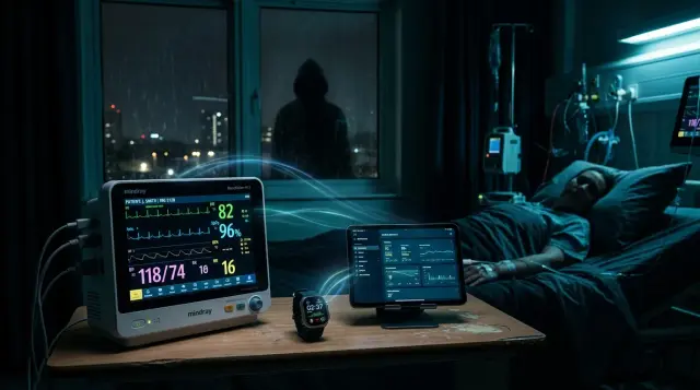 Connected medical IoT devices in dim hospital room with ominous cyber threat silhouette reflected in window