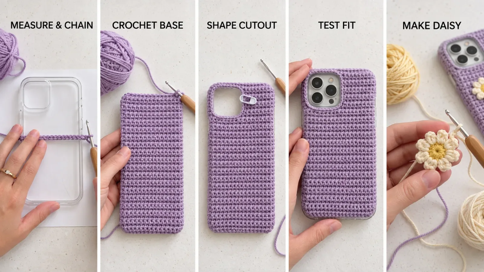 Daisy Bloom Crochet Phone Case for iPhone crochet process collage